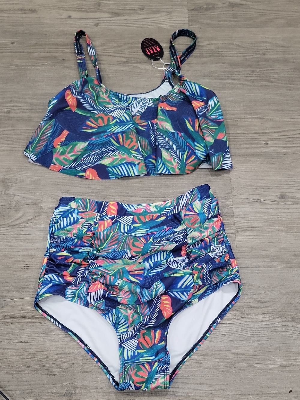 Tropical Print High-Waist Bikini Set - Blue Multi